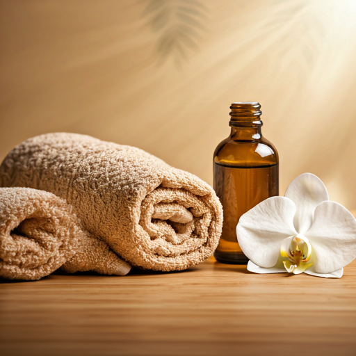 Ambiente de spa de lujo con toallas, una orquídea blanca y aceite esencial premium