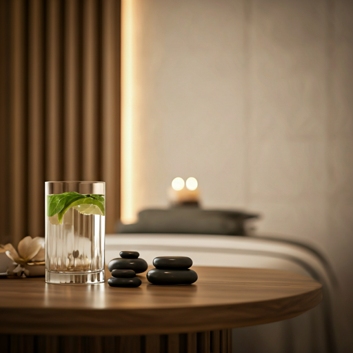 Sala de spa serena con iluminación cálida, agua infusionada y piedras de masaje
